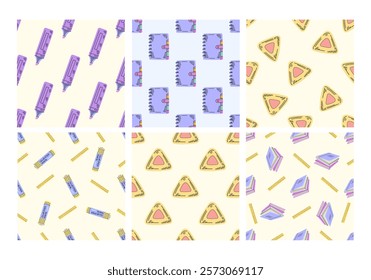 Seamless pattern collection with school supplies and stationery on pastel background

