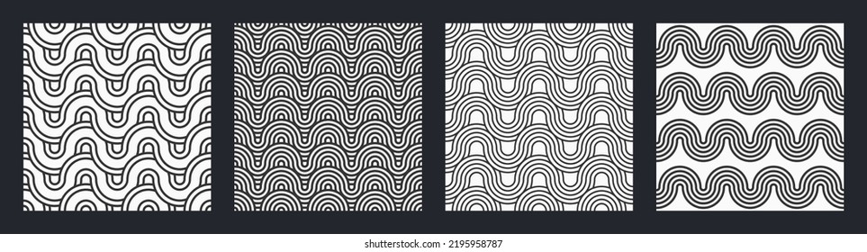 Colección de patrones impecable. Patrón con rayas onduladas. Olas oceánicas. Estilo japonés. Ornamento geométrico. Fondo geométrico monocromo vectorial.