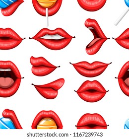 Seamless pattern. Collection of sexy red lips. Biting, kiss, smile, open and close. Lips with lollipop. Colorful icon. Flat vector illustration on white background.
