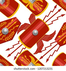 Seamless pattern. Collection of shields. Shields of Roman Legionary. Red scutum with yellow decoration pattern. Outfit of the Ancient Legionary. Flat vector illustration on white background.