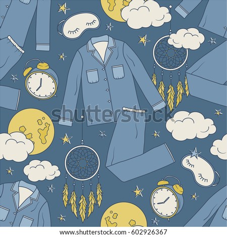 Seamless pattern with collection of sleep symbols, hand drawn icons. Colorful illustration with design elements. Decorative wallpaper, good for printing