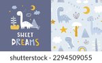 Seamless pattern collection with sleeping dino. Scandinavian prints set with cute dinosaurs for kids bedding and pajamas.