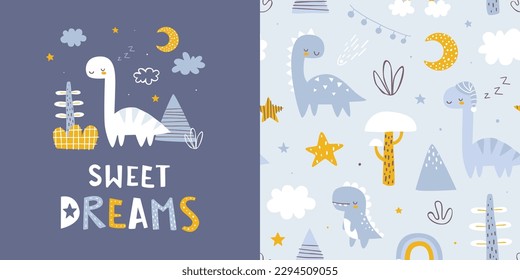 Seamless pattern collection with sleeping dino. Scandinavian prints set with cute dinosaurs for kids bedding and pajamas.