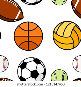 Seamless pattern. Collection of sport balls. Line style icon design. Flat vector illustration on white background.