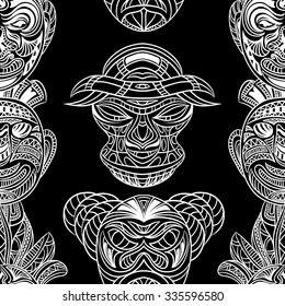 Seamless pattern with collection of Tribal mask. Retro black and white highly detailed hand drawn vector illustration