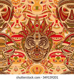 Seamless pattern with collection of Tribal mask. Retro colorful highly detailed hand drawn vector illustration