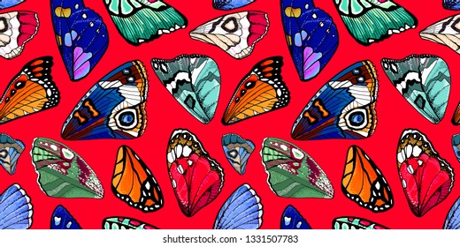 Seamless pattern. Collection of tropical butterflies. Butterfly wings. Great for greeting cards, invitations, print on fabric and more. Hand drawn illustration. Isolated on red background.