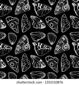 Seamless pattern. Collection of tropical butterflies. Hand drawn butterfly wings. Great for greeting cards, invitations, print on fabric and more. Linear vector illustration.