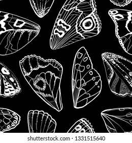 Seamless pattern. Collection of tropical butterflies. Butterfly wings. Great for greeting cards, invitations, print on fabric and more. Hand drawn linear illustration.