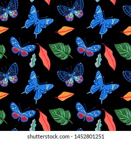 Seamless pattern. Collection of tropical butterflies. Bright summer ornament. Isolated on black background. Great for greeting cards, invitations, print on fabric and more.
