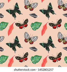 Seamless pattern. Collection of tropical butterflies. Bright summer ornament. For greeting cards, invitations, print on fabric and more.