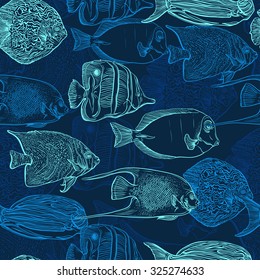 Seamless pattern with collection of tropical fish. Vintage set of hand drawn marine fauna. Vector illustration in line art style. Design for summer beach, decorations.