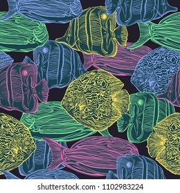 Seamless pattern with collection of tropical fish.Marine fauna in pastel colors. Concept design for print, poster, invitation, fabric. Vector illustration 