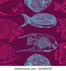 Seamless pattern with collection of tropical fish.Vintage set of hand drawn marine fauna.Vector illustration in line art style.Design for summer beach, decorations.
