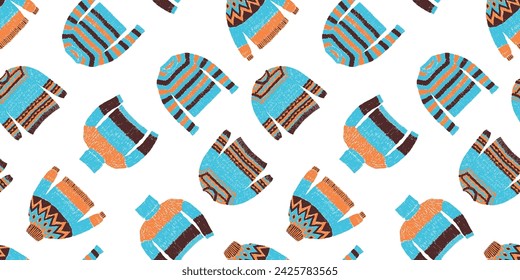 Seamless pattern of collection various drawn knitted wool warm sweaters for cold weather, vector background for paper,textile