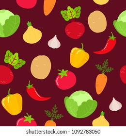 Seamless pattern with collection of various vegetables on burgundy background. Vector flat illustration
