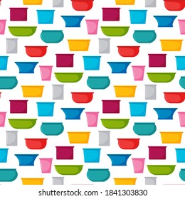 Seamless pattern. Collection of water containers. Water buckets and basins. plastic products mass market. 