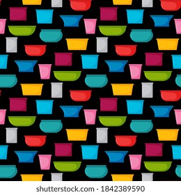 Seamless pattern. Collection of water containers. Water buckets and basins. plastic products mass market.