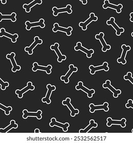 Seamless pattern of collection of white outline style bones scattered on a black background