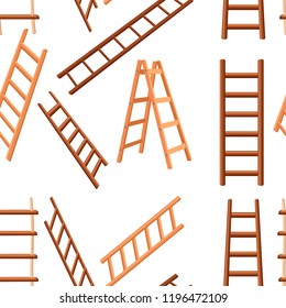 Seamless pattern. Collection of wooden ladders. Different types of stepladders. Flat vector illustration on white background.