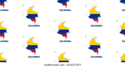 Seamless pattern  of COLOMBIA country  map in COLOMBIAN flag colors  .  With the  caption of the  name of the country "COLOMBIA".