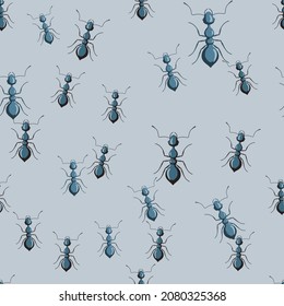Colonia de patrones sin foco en el fondo azul. Plantilla de insectos vectoriales en estilo plano para cualquier propósito. Textura de animales modernos para tela, papel envolvente, papel tapiz, tejido, ilustración.