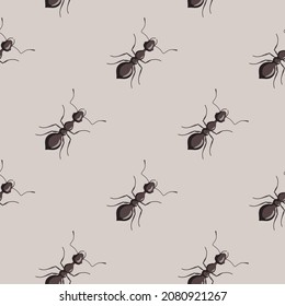 Seamless pattern colony ants on pastel gray background. Vector insects template in flat style for any purpose. Modern animals texture for fabric, wrapping paper, wallpaper, tissue, illustration.