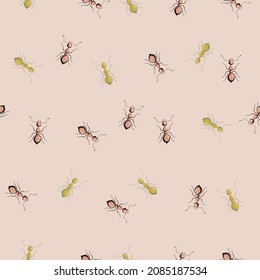 Colonia de hormigas sin piel sobre fondo rosa pastel. Plantilla de insectos vectoriales en estilo plano para cualquier propósito. Textura de animales modernos para tela, papel envolvente, papel tapiz, tejido, ilustración.
