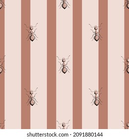 Seamless pattern colony ants on striped pink background. Vector insects template in flat style for any purpose. Modern animals texture for fabric, wrapping paper, wallpaper, tissue, illustration.