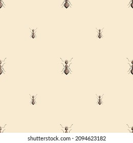 Seamless pattern colony ants on light beige background. Vector insects template in flat style for any purpose. Modern animals texture for fabric, wrapping paper, wallpaper, tissue, illustration.
