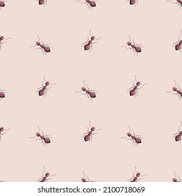 Seamless pattern colony ants on light pink background. Vector insects template in flat style for any purpose. Modern animals texture for fabric, wrapping paper, wallpaper, tissue, illustration.
