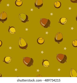 Seamless  pattern with color acorns and stars. Vector background.