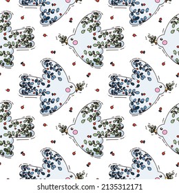 seamless pattern with color birds with blue and green plants and red berries. Bright doodle style. cute vector illustration