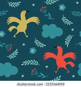 Seamless pattern with color birds and branches. Fabric pattern, kids apparel print, wrapping paper	
