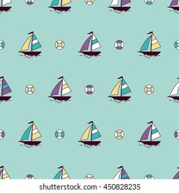Seamless pattern with color boats. Vector illustration. Sailfish background.