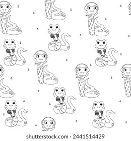 Seamless pattern color book outline  snake winter autumn character