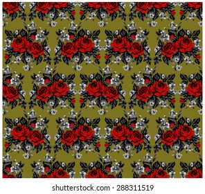 Seamless pattern. Color bouquet of flowers (roses and cornflowers)  on the green background using traditional Ukrainian embroidery elements.  Can be used as pixel-art, card, emblem, icon.