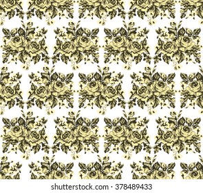 Seamless. Pattern. Color bouquet of flowers (roses and cornflowers)  using traditional Ukrainian embroidery elements. Can be used as pixel-art, card, emblem, icon. Yellow and grey tones.