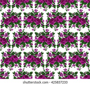 Seamless. Pattern. Color bouquet of flowers (roses and cornflowers)  using traditional Ukrainian embroidery elements.Pink, violet and green tones. Can be used as pixel-art, card, emblem, icon.