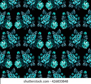 Seamless. Pattern. Color bouquet of flowers roses on the black background  using traditional Ukrainian embroidery elements. Can be used as pixel-art, card, emblem, icon. Violet,yellow and blue tones.