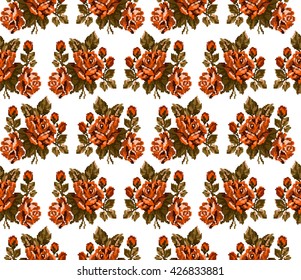 Seamless. Pattern. Color bouquet of flowers roses  using traditional Ukrainian embroidery elements. Can be used as pixel-art, card, emblem, icon. Orange and green tones.