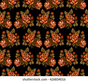 Seamless. Pattern. Color bouquet of flowers roses on the black background  using traditional Ukrainian embroidery elements. Can be used as pixel-art, card, emblem, icon. Violet,yellow and blue tones.