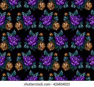 Seamless. Pattern. Color bouquet of flowers roses on the black background  using traditional Ukrainian embroidery elements. Can be used as pixel-art, card, emblem, icon. Violet,yellow and blue tones.
