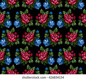 Seamless. Pattern. Color bouquet of flowers roses  using traditional Ukrainian embroidery elements. Can be used as pixel-art, card, emblem, icon. Red, green and blue tones.