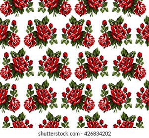 Seamless. Pattern. Color bouquet of flowers roses  using traditional Ukrainian embroidery elements. Can be used as pixel-art, card, emblem, icon. Red and green tones.