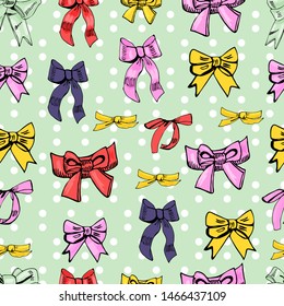 Seamless pattern  of  color bows. Hand drawn ink and colored sketch. Different bows  on light green  background. Vector illustration.