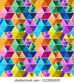 Seamless pattern from color boxes. Volume a box with a shadow. A puzzle from cubes.