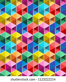 Seamless Pattern From Color Boxes. Volume A Box With A Shadow. A Puzzle From Cubes.