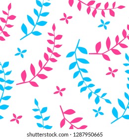 Seamless pattern with color branches and flowers on a white background. Vector illustration