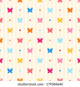 Seamless pattern. Color butterflies and dots on beige striped background